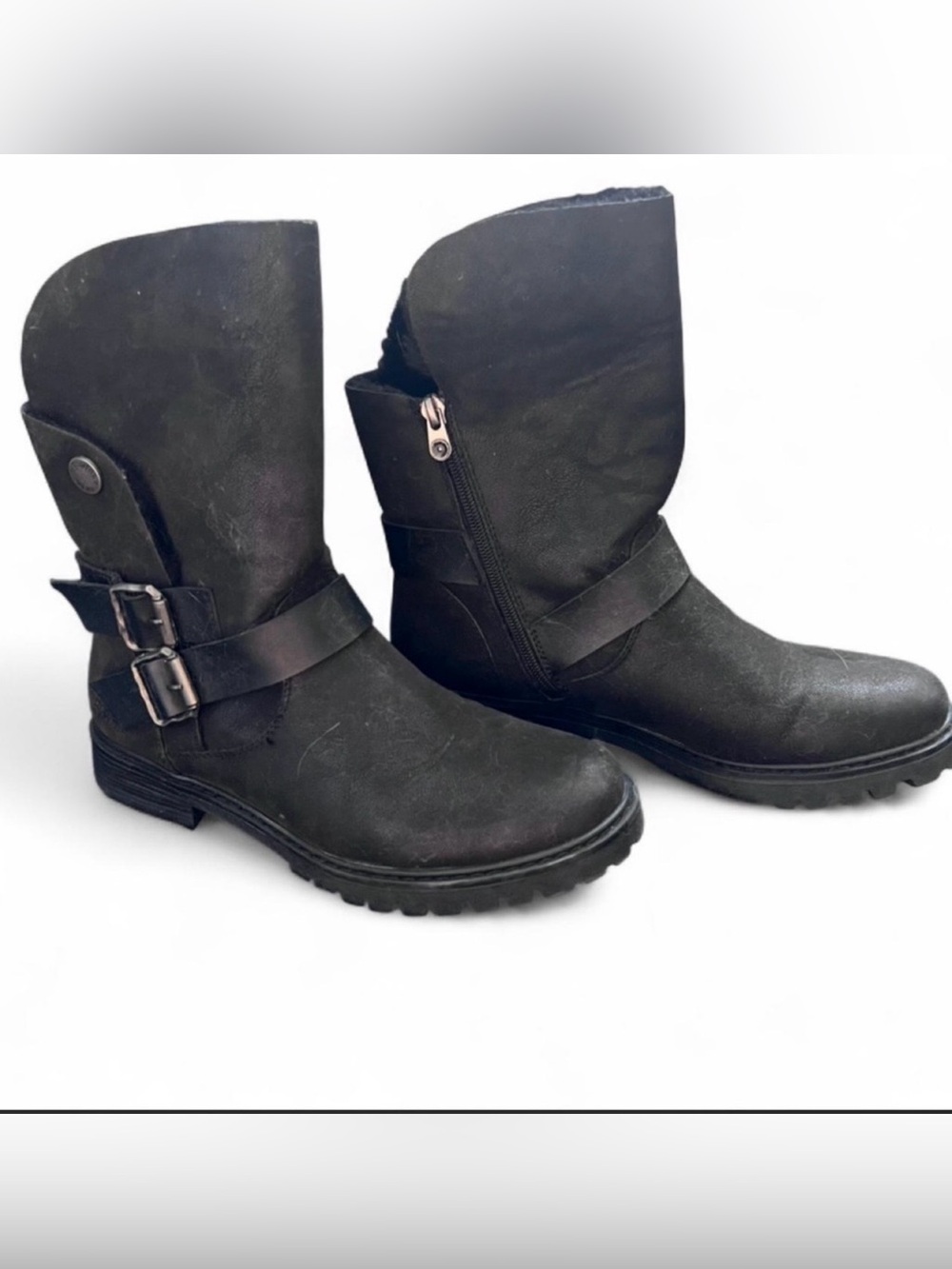 Blowfish Malibu Randall Black faux fur mid-calf biker boots size 9